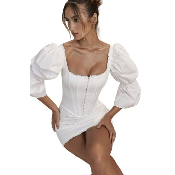 House of CB White Corset Mini Dress Puff Sleeve Coquette Wedding Sz Small NWOT - Picture 4 of 11